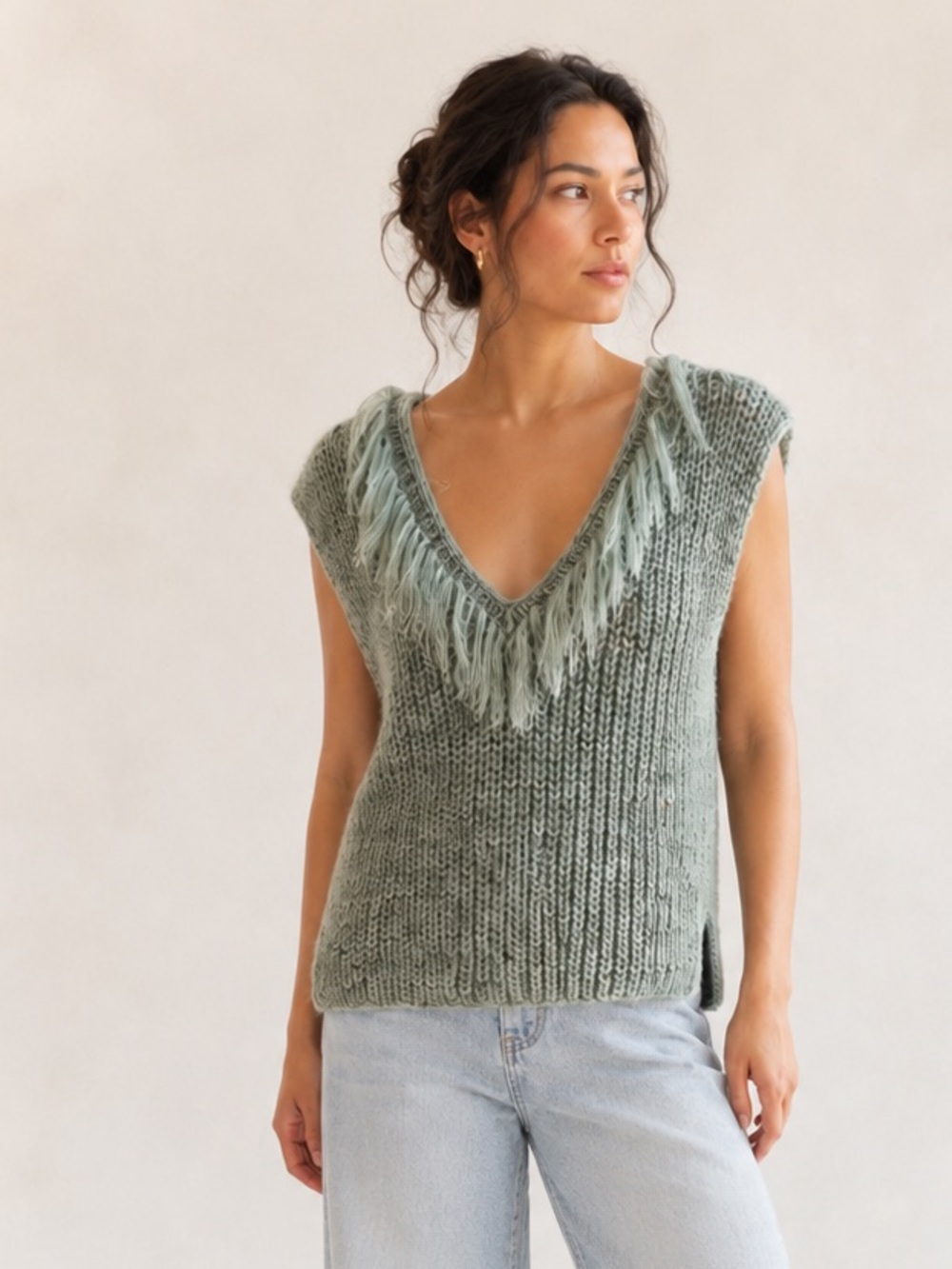 Hand Knit Alpaca Wool Fringe Sweater Vest Soft Mineral Green Boho Size S/M